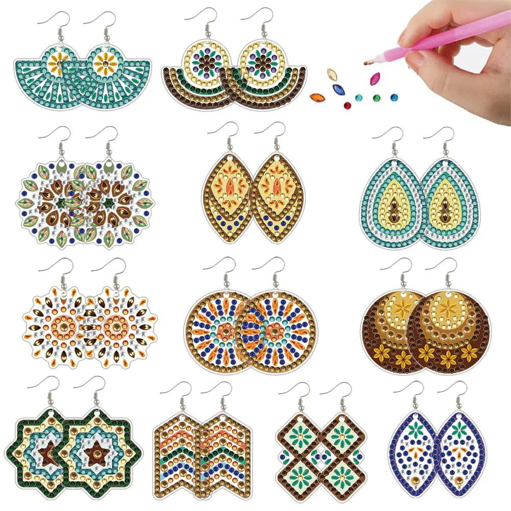 12 Pairs/DIY Diamond Art Earrings Double Sided Diamond Painting Earring Crystal Earring Making Craft Kit Women Handmade Gifts