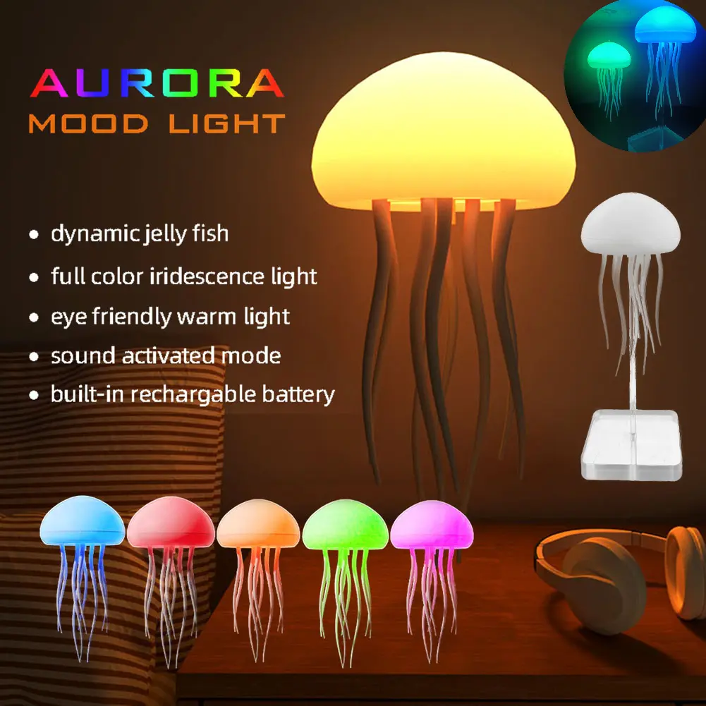 Jellyfish Night Light Voice Control Jellyfish Table Bedside Lamp with Dancing Leg RGB Colored Jellyfish Desk Lamp for Home Decor