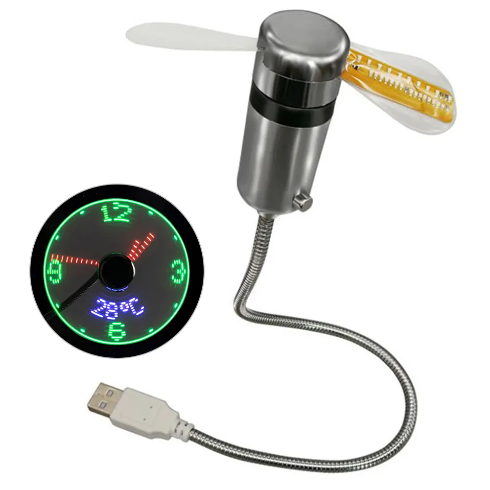 Clock Fans USB Powered Small Night Light Real Time Display Hand Mini USB Fan Flexible Gooseneck LED Clock for Laptop PC Notebook