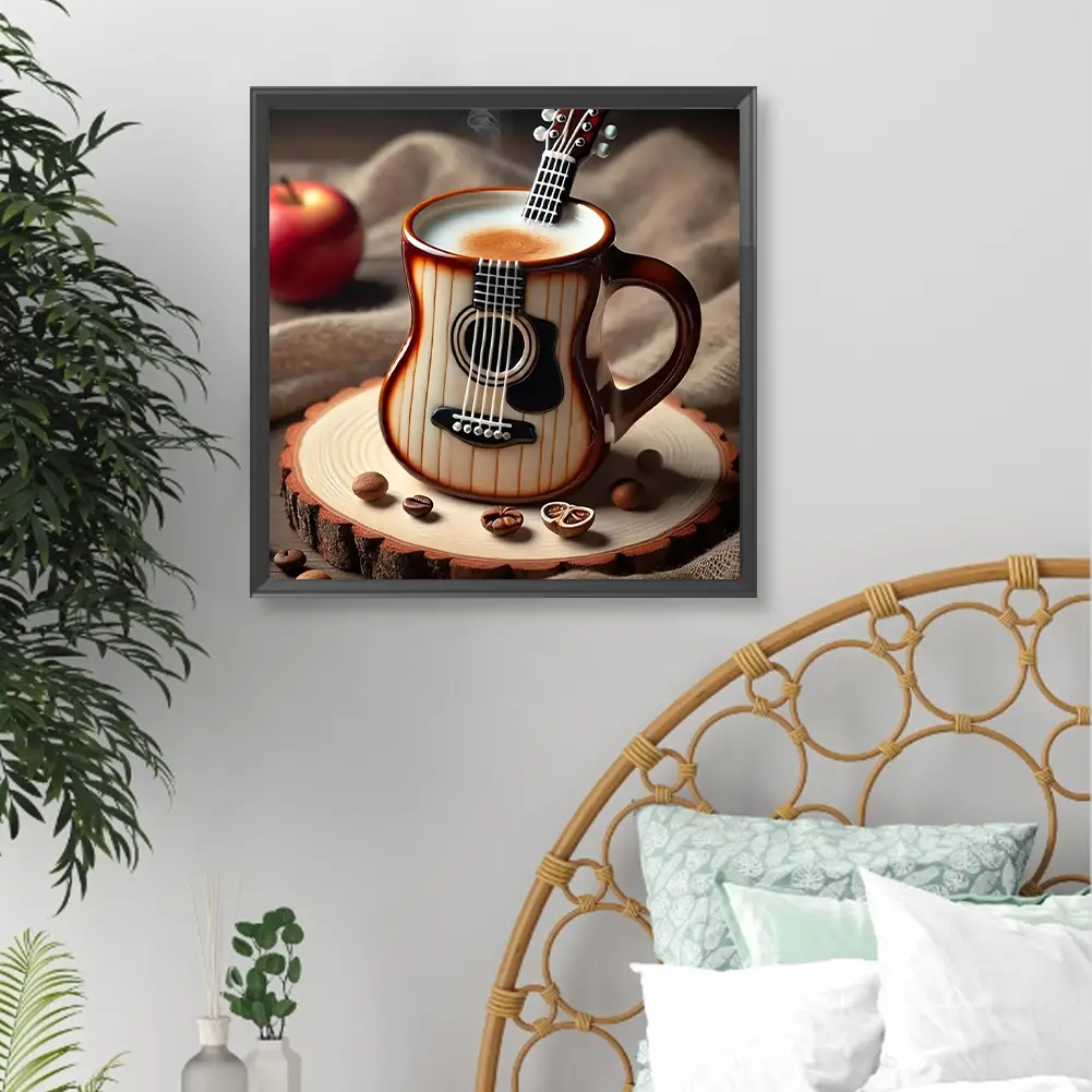 40x40cm Coffee Guitar 5D DIY Full Drill Round Diamond Painting Kit Wall Decor