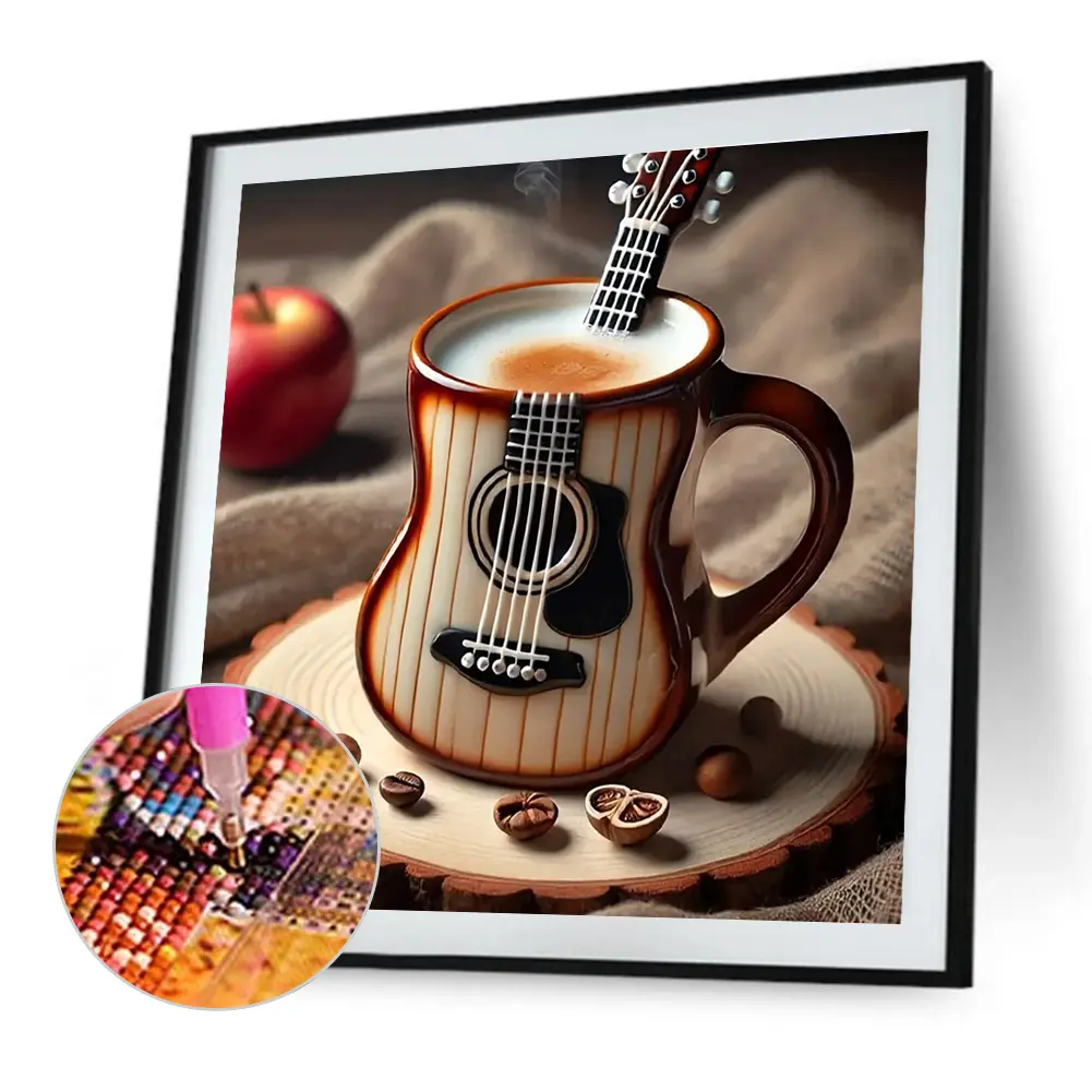 40x40cm Coffee Guitar 5D DIY Full Drill Round Diamond Painting Kit Wall Decor