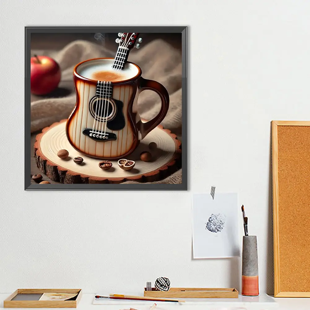 40x40cm Coffee Guitar 5D DIY Full Drill Round Diamond Painting Kit Wall Decor