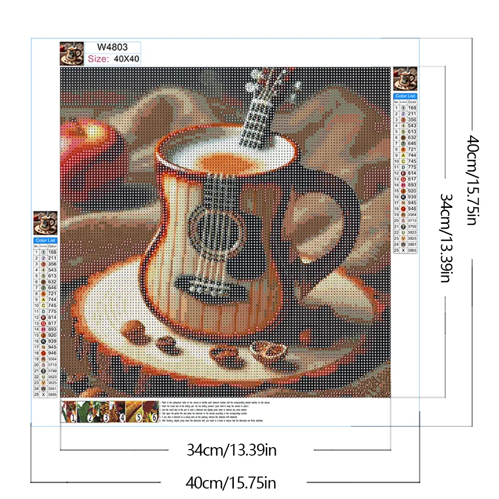 40x40cm Coffee Guitar 5D DIY Full Drill Round Diamond Painting Kit Wall Decor