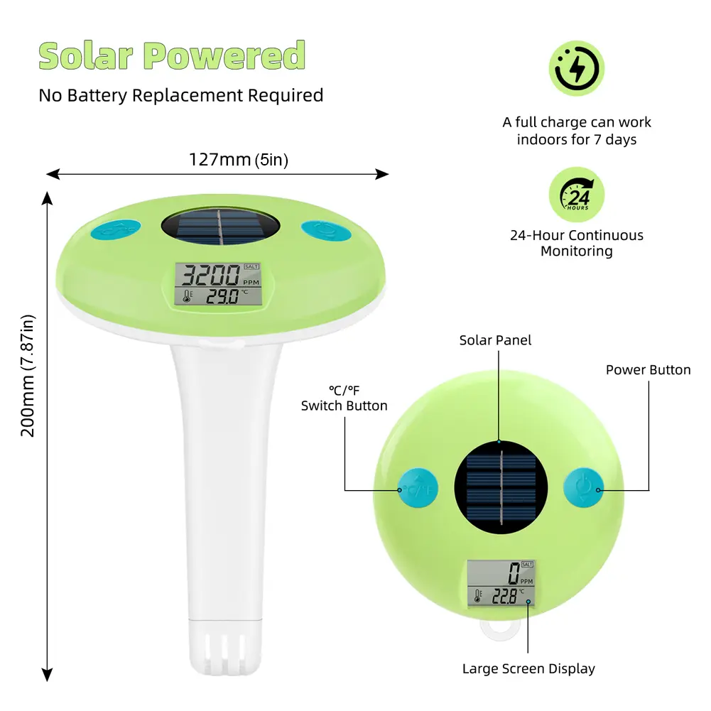 Solar Charging Floating Water Tester Digital Display Pool Salt Water Tester 2 In 1 Salt Detector for Aquariums Swimming Pool