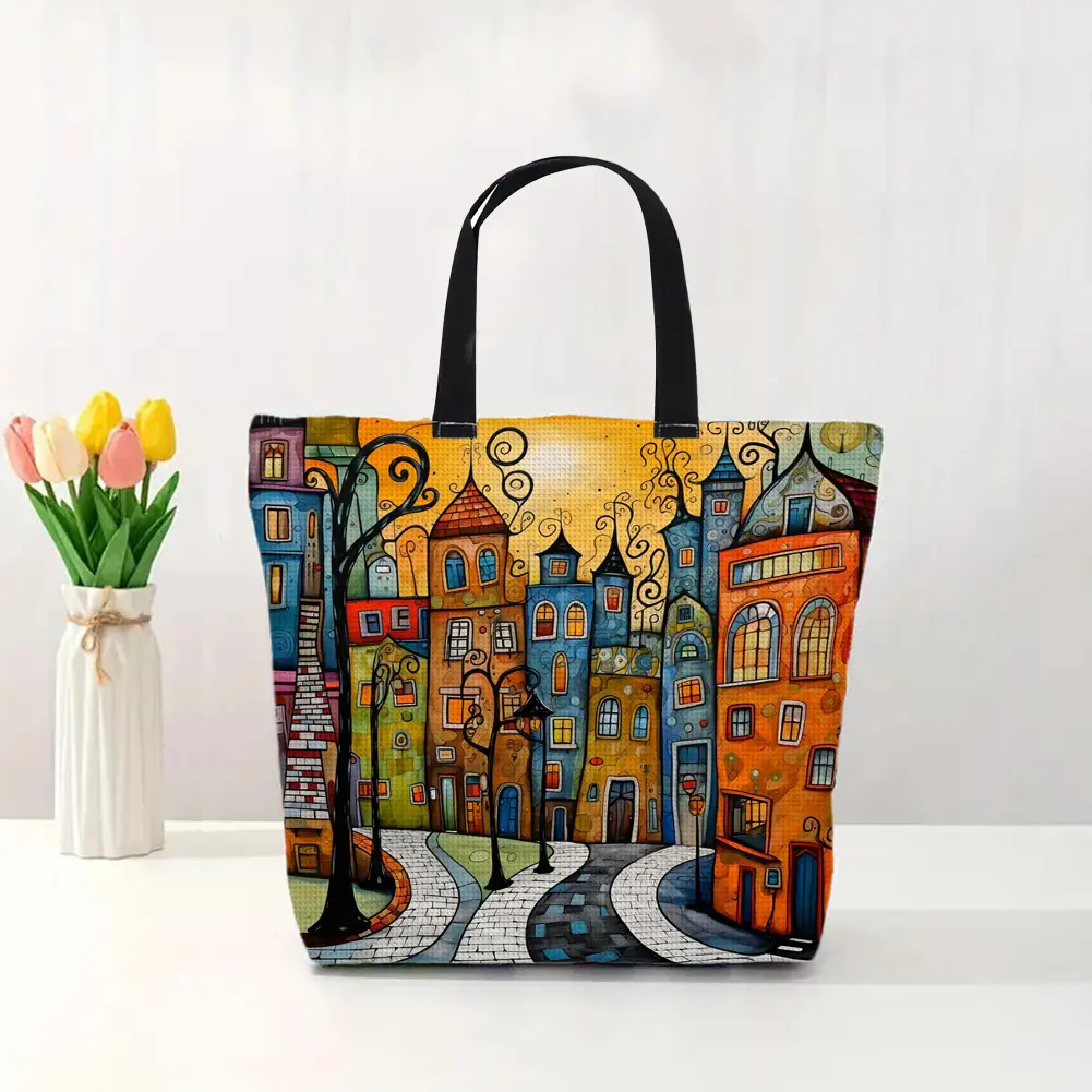 11CT Colorful Buildings Cross Stitch Canvas Tote Bag Embroidery Kit Personalized Bag Hand Needlepoint Kit Bag Gift for Friends