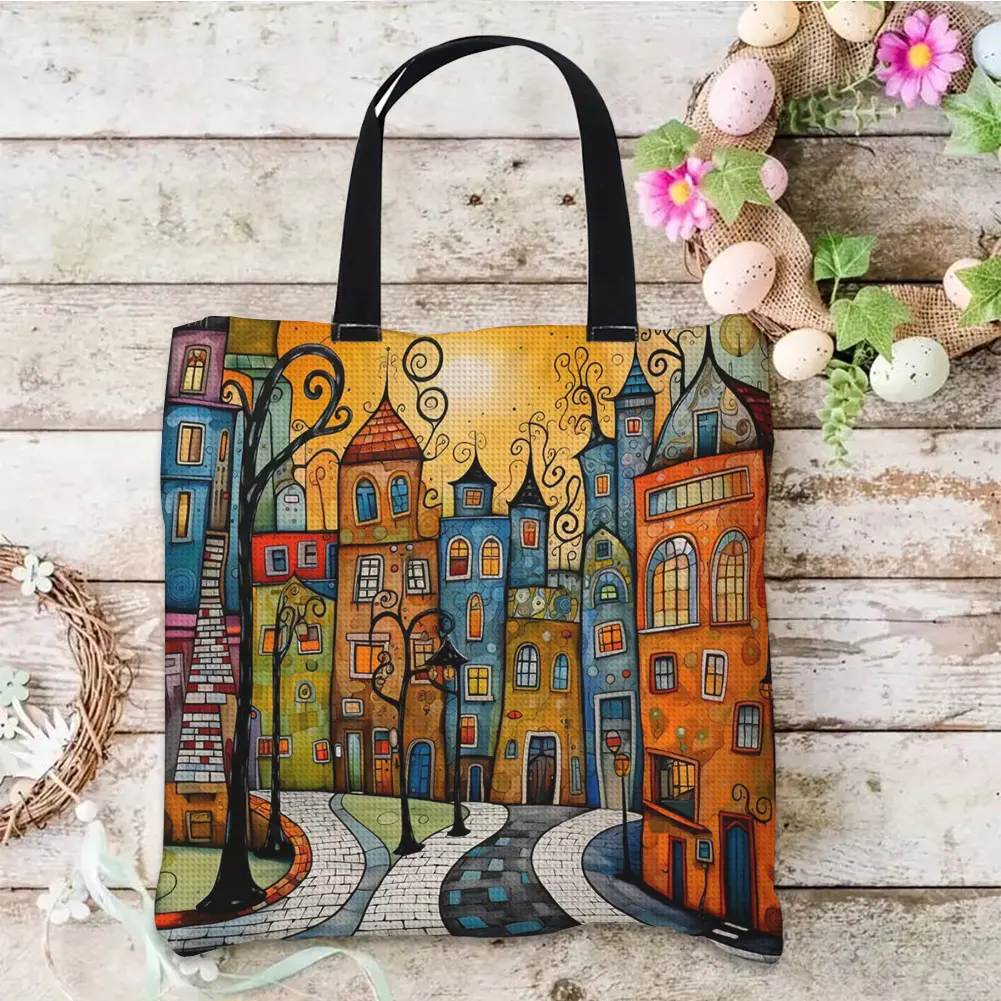 11CT Colorful Buildings Cross Stitch Canvas Tote Bag Embroidery Kit Personalized Bag Hand Needlepoint Kit Bag Gift for Friends