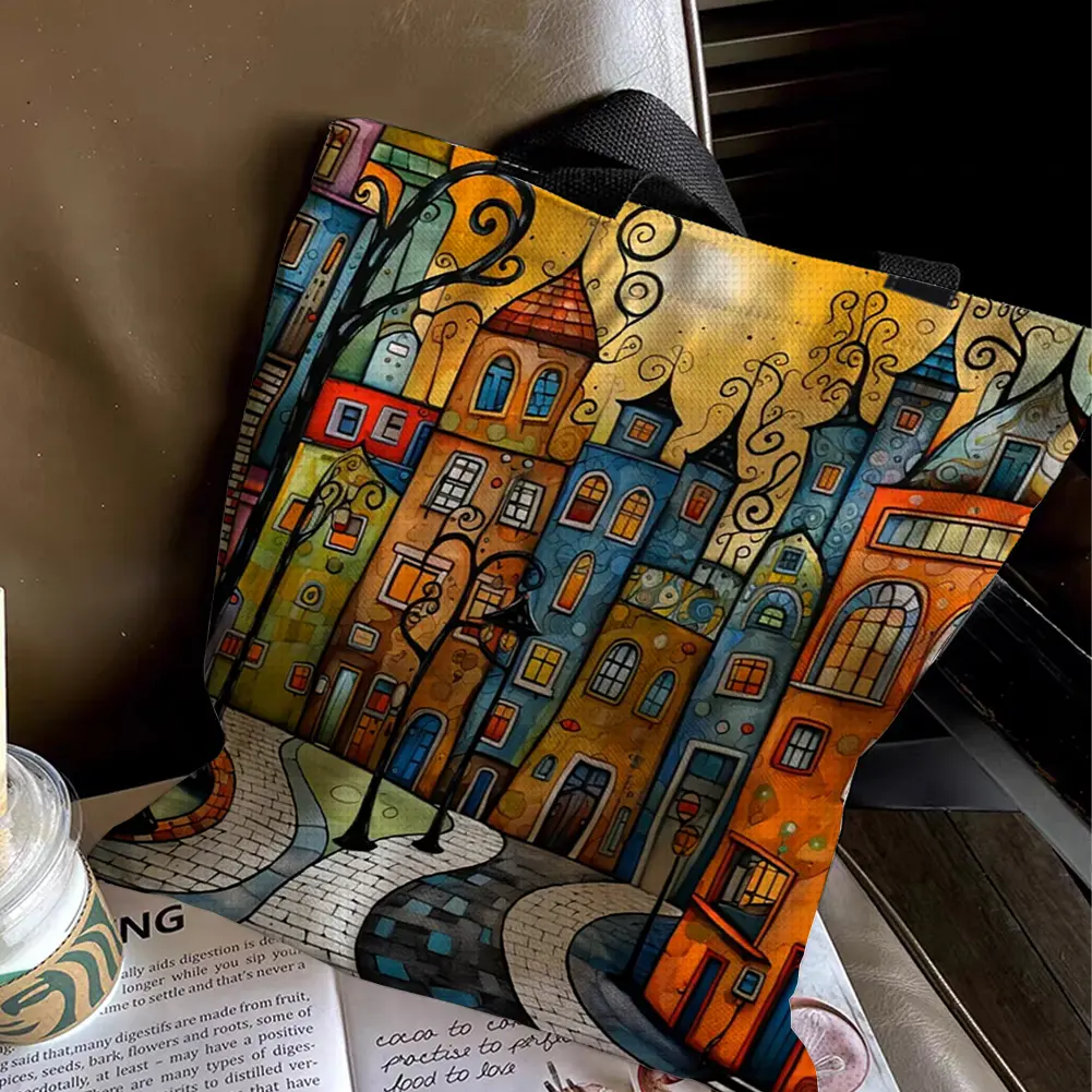 11CT Colorful Buildings Cross Stitch Canvas Tote Bag Embroidery Kit Personalized Bag Hand Needlepoint Kit Bag Gift for Friends