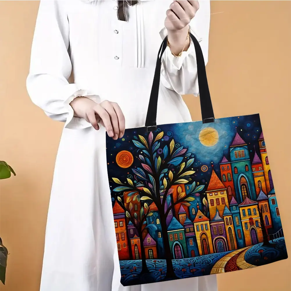 11CT Colorful Buildings Cross Stitch Canvas Tote Bag Embroidery Kit Personalized Bag Hand Needlepoint Kit Bag Gift for Friends