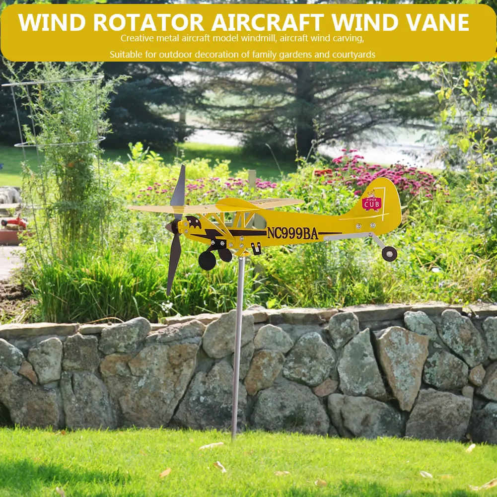 3D Plane Wind Spinner Creative Chic Metal Airplane Garden Weather Vane Plug Decor Anti-corrosion Ornaments for Family Courtyards