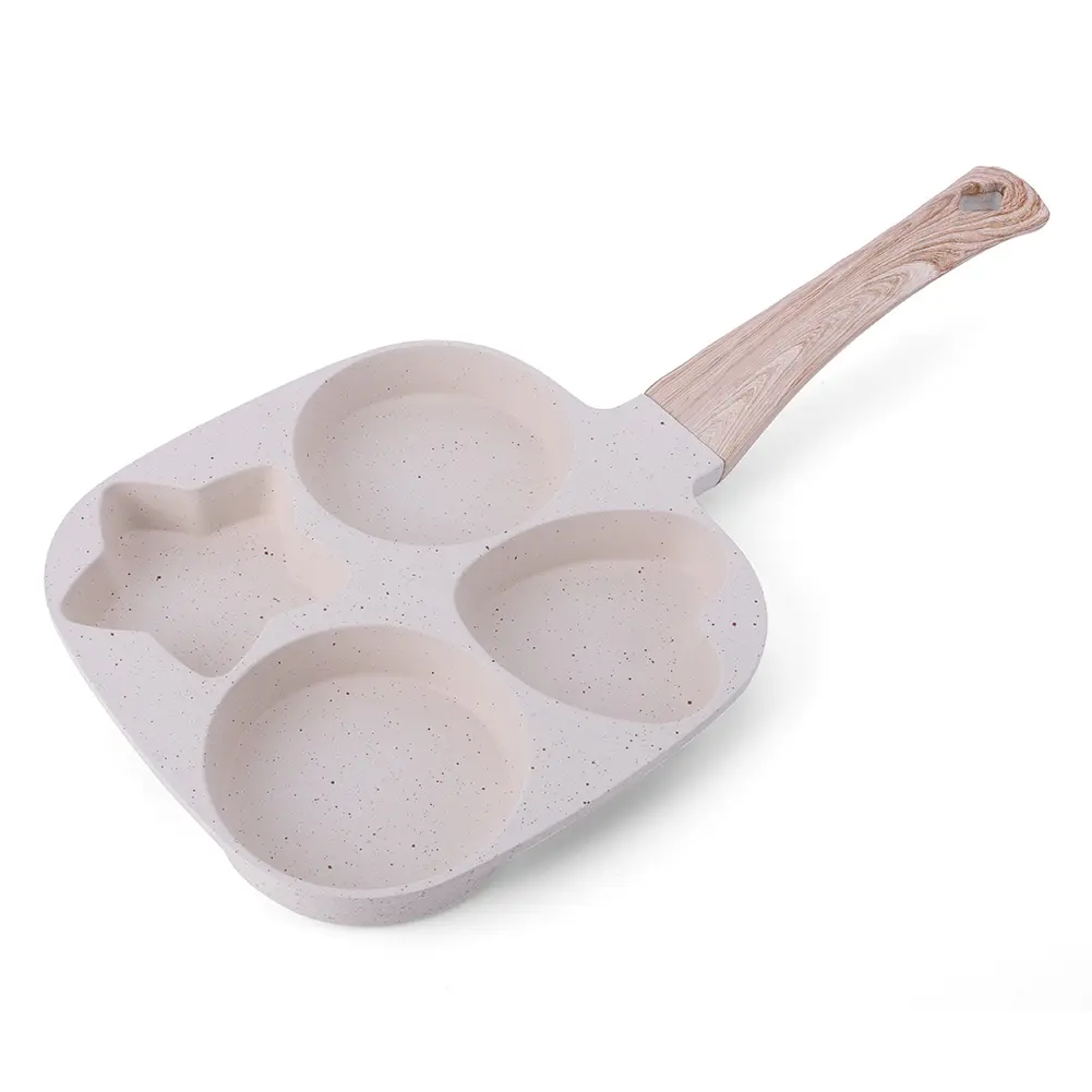 4 Hole Omelet Pan Egg Frying Pan Granite Coating Omelette Skillet Wooden Handle Fried Egg Pan for Gas Stove and Induction Cooker