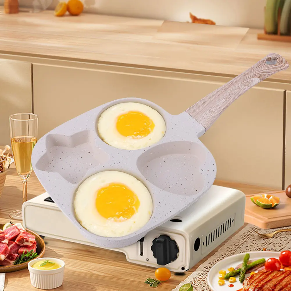 4 Hole Omelet Pan Egg Frying Pan Granite Coating Omelette Skillet Wooden Handle Fried Egg Pan for Gas Stove and Induction Cooker