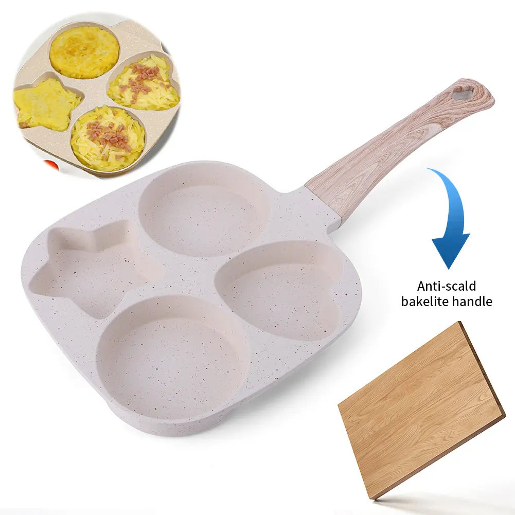 4 Hole Omelet Pan Egg Frying Pan Granite Coating Omelette Skillet Wooden Handle Fried Egg Pan for Gas Stove and Induction Cooker