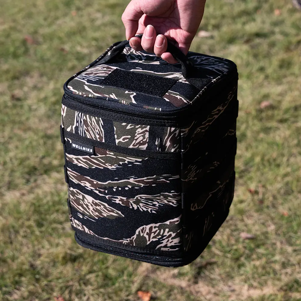 9.8L Camping Storage Bag Large Capacity Travel Tableware Handbag Tiger Stripes Outdoor Cookware Organizer for Family Activities