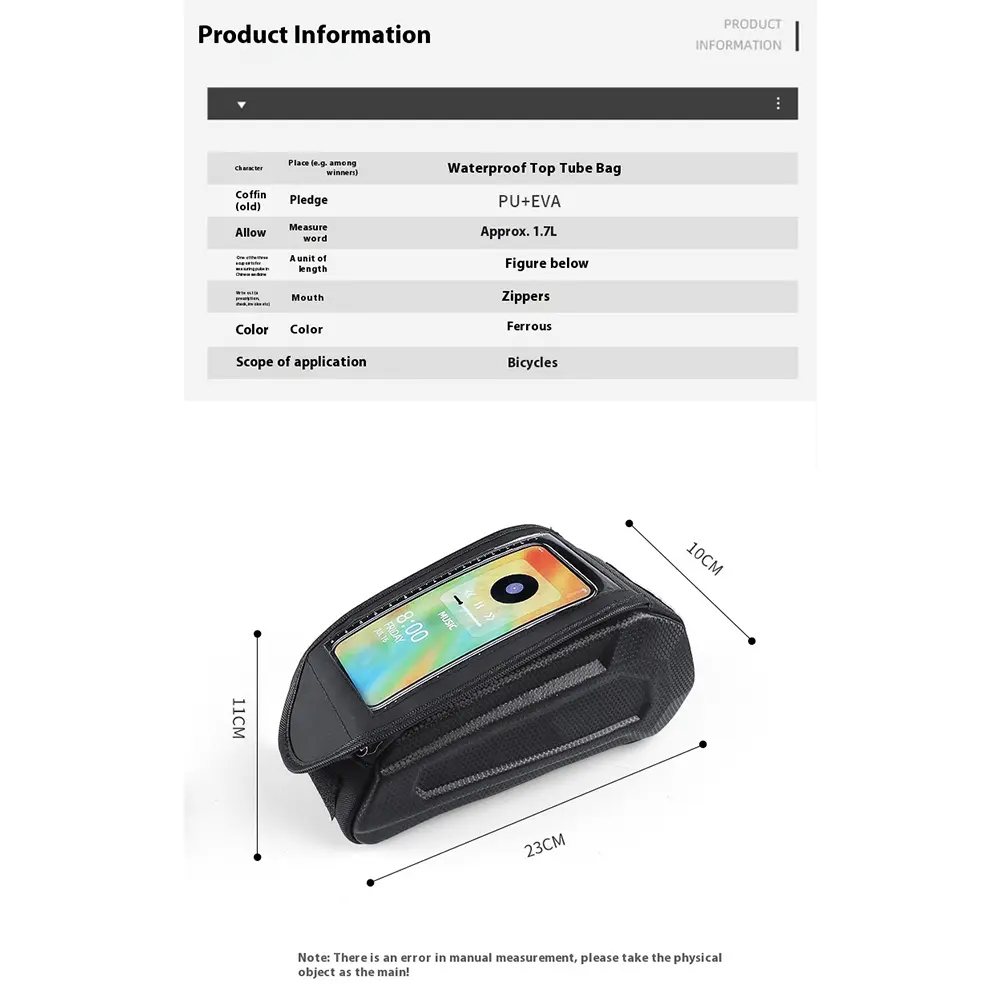 Bike Front Frame Bag Bicycle Top Tube Bag Touch-Screen Hard Shell Bike Tube Bag Double Zipper Cycling Pouch Cycling Accessories