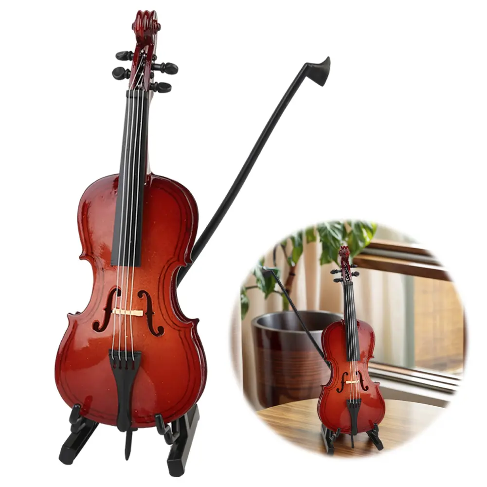 Wooden Miniature Cello with Stand and Bow Mini Musical Instrument Decoration Dollhouse Accessories Model Home Display Ornament