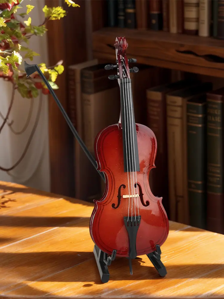 Wooden Miniature Cello with Stand and Bow Mini Musical Instrument Decoration Dollhouse Accessories Model Home Display Ornament