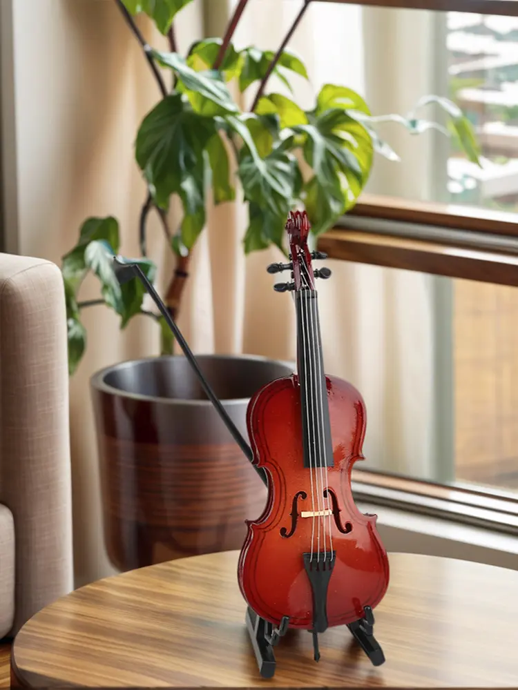 Wooden Miniature Cello with Stand and Bow Mini Musical Instrument Decoration Dollhouse Accessories Model Home Display Ornament