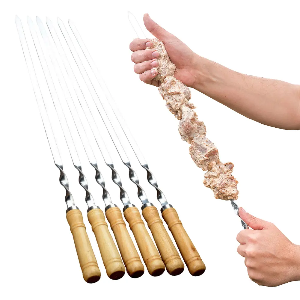 55cm BBQ Skewers Stainless Steel Barbecue Skewers with Wood Handle Kebab Skewers for Grilling Meat & Kebab Outdoor Cooking