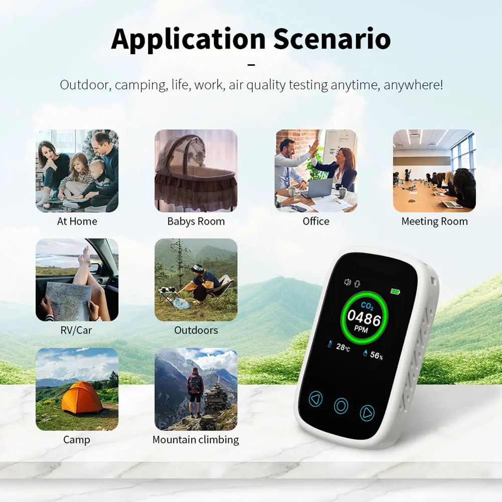 Portable 3 in 1 Digital CO2 Detector with Alarm Mini Temperature and Humidity Meter for Home and Travel