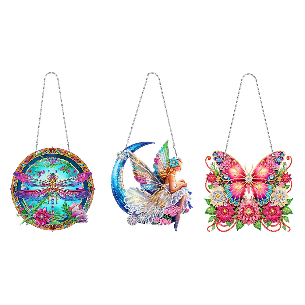 3Pcs Acrylic Fairy Rhinestone Diamond Art Pendants DIY Diamond Art Pendant Kit Diamond Painting Hanging Pendant for Wall Window