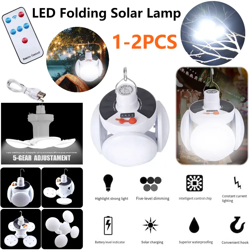 Portable Solar Camping Lantern Led Rechargeable Outdoor Hanging Tent Lamp Folding LED Football Bulbs With Hook Emergency Lights