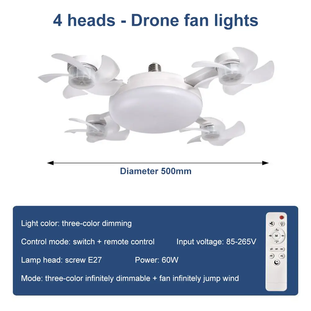 2 In 1 Drone Ceiling Light Fan with LED Light E27 Ceiling Lamps Fan Remote Control Electric Fans for Dining Bedroom Living Room