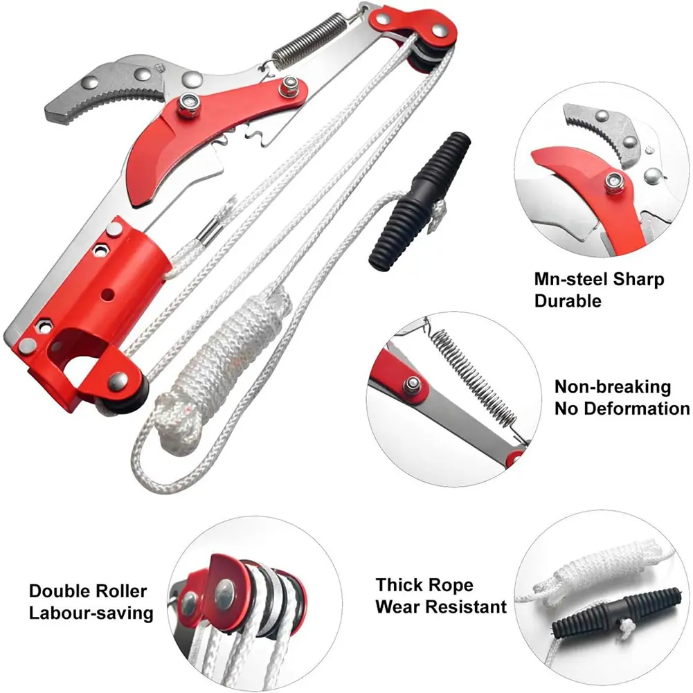 Extendable High Altitude Pruning Shears with Three Pulley System for Effortless Tree Trimming and Fruit Picking