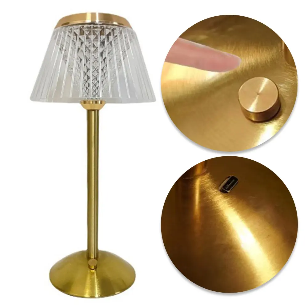 Crystal Atmosphere Lamp Metal Base 3 Color Modes Portable Retro Metal Bedside Lamp Rechargeable Touch Control Cordless Desk Lamp