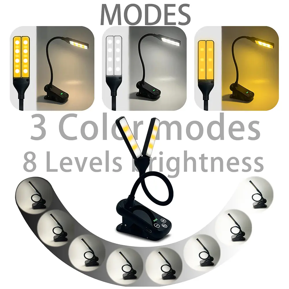 Dual-Head Book Lamp Three-Button Touch Small Book Light Rechargeable Adjust Brightness for Travel Bedroom Reading