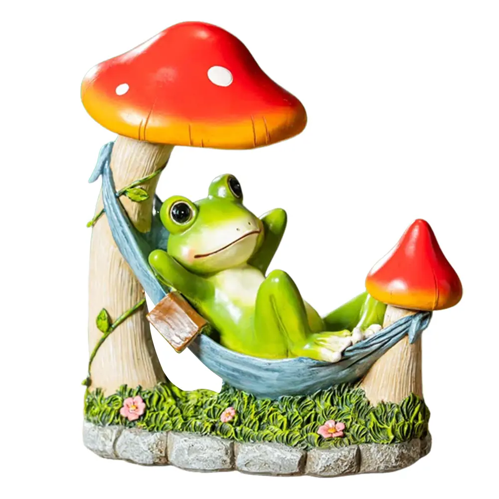 Resin Relaxing Frog in Hammock Statue Spring Decor Gifts Frog Garden Decor Mushroom Frog Garden Statue for Outdoor Decoration