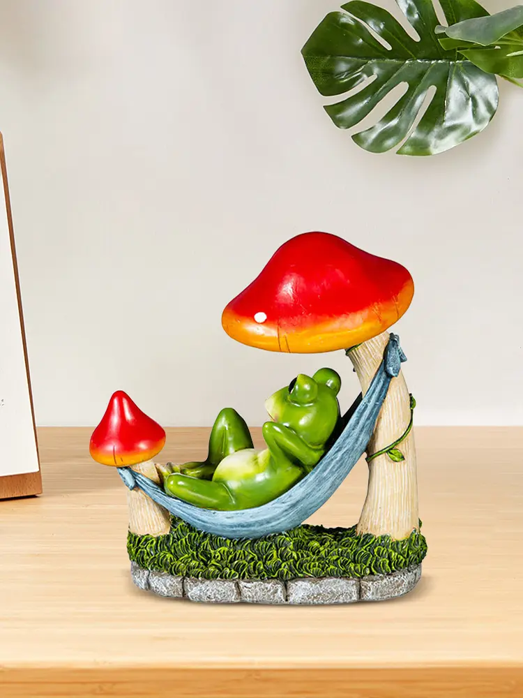 Resin Relaxing Frog in Hammock Statue Spring Decor Gifts Frog Garden Decor Mushroom Frog Garden Statue for Outdoor Decoration