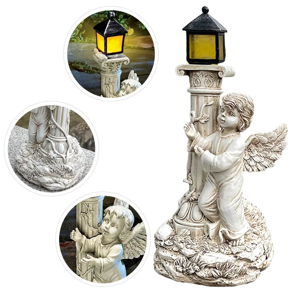 Roma Pillar Angel Statue with Solar Lights Cherub Angel Garden Statue Angel Sculpture for Garden Porch Patio Yard Decor