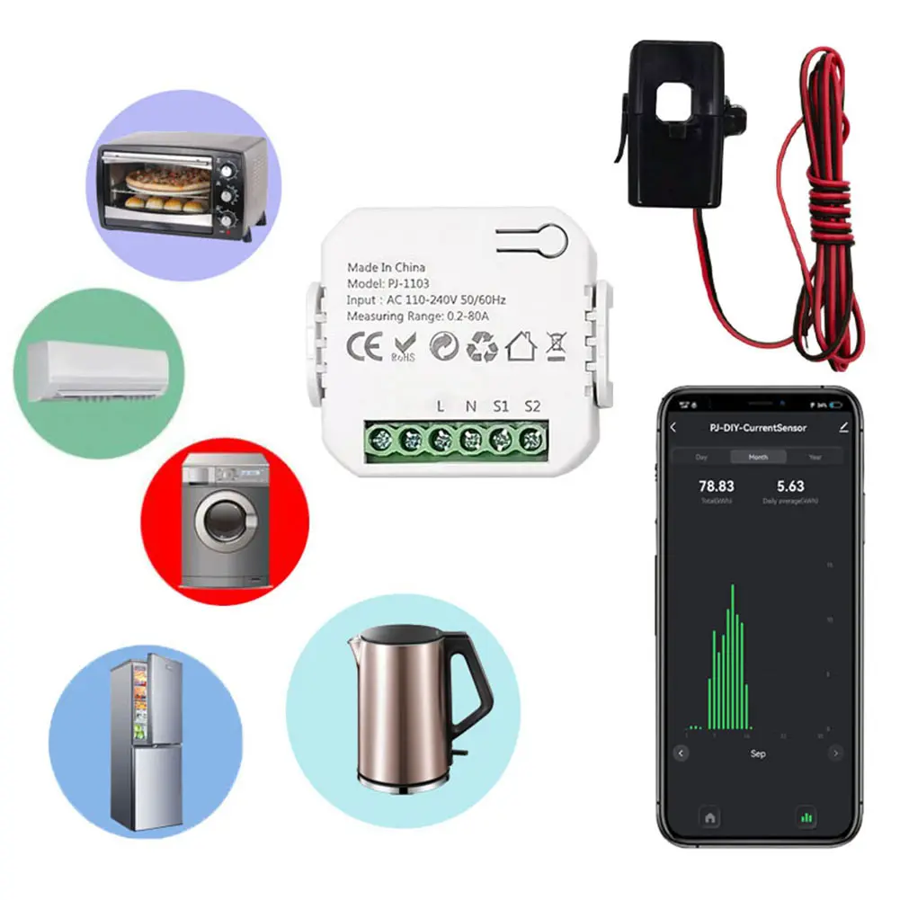 Smart Life WiFi Energy Meter with CT Clamp Sensor APP Control CT DIY 110V 240V 50/60Hz for Solar Produced Consumed Power Monitor