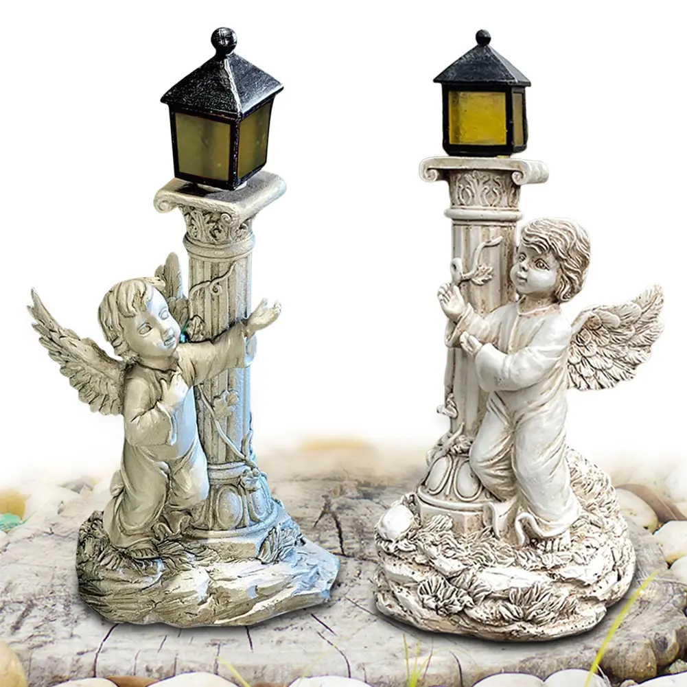 Roma Pillar Angel Statue with Solar Lights Cherub Angel Garden Statue Angel Sculpture for Garden Porch Patio Yard Decor