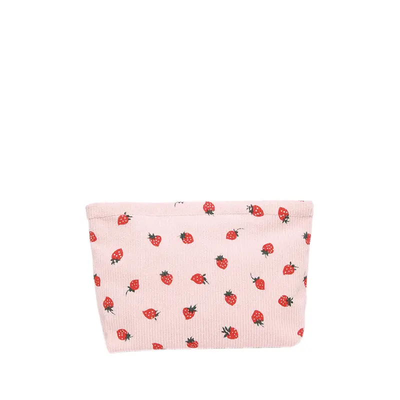 Stylish Strawberry Printed Corduroy Cosmetic Bag for Women Girls Perfect for Travel and Daily Use