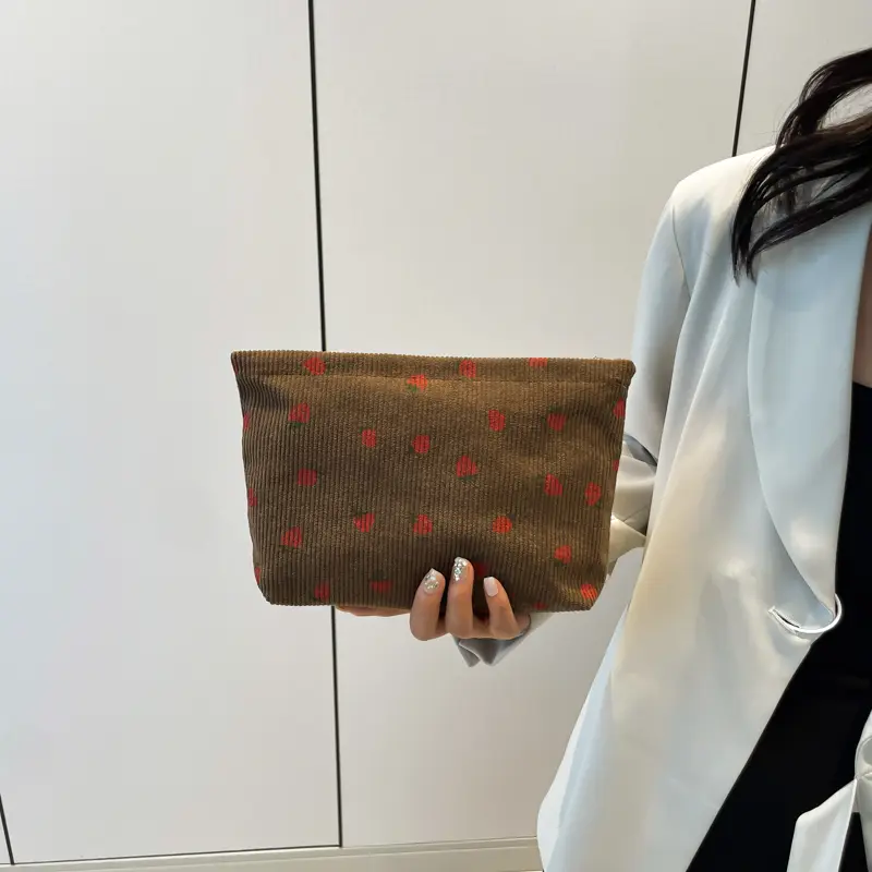 Stylish Strawberry Printed Corduroy Cosmetic Bag for Women Girls Perfect for Travel and Daily Use