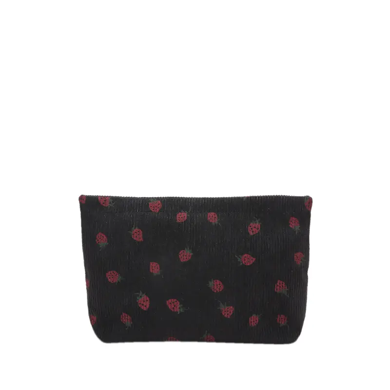 Stylish Strawberry Printed Corduroy Cosmetic Bag for Women Girls Perfect for Travel and Daily Use