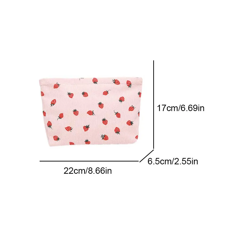 Stylish Strawberry Printed Corduroy Cosmetic Bag for Women Girls Perfect for Travel and Daily Use