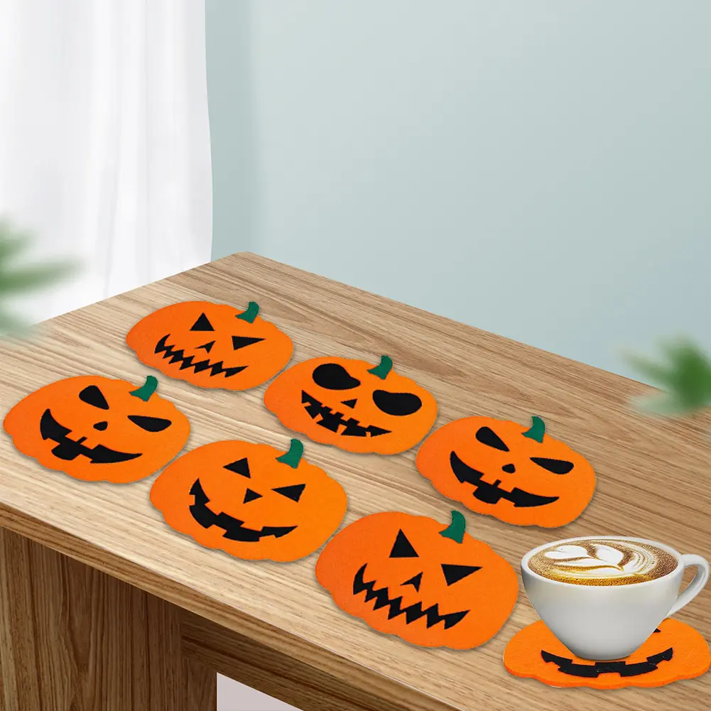 6Pcs Halloween Felt Pumpkin Coasters Heat Resistant Pumpkin Shaped Coasters Handmade Pumpkin Coasters for Home Kitchen Office