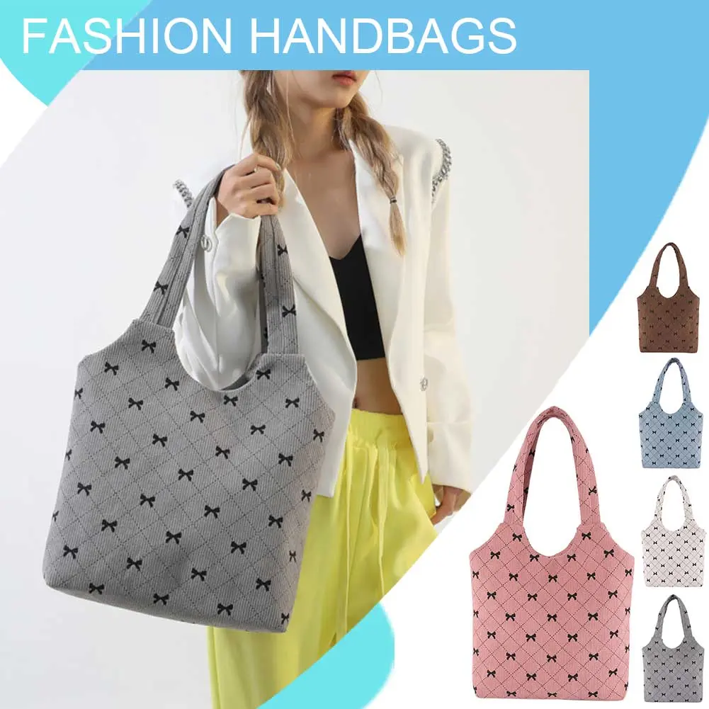 Corduroy Hobo Bag Large Capacity Bowknot Shopping Work Bag Aesthetic Shoulder Purse Casual for Women Work Shopping Travel