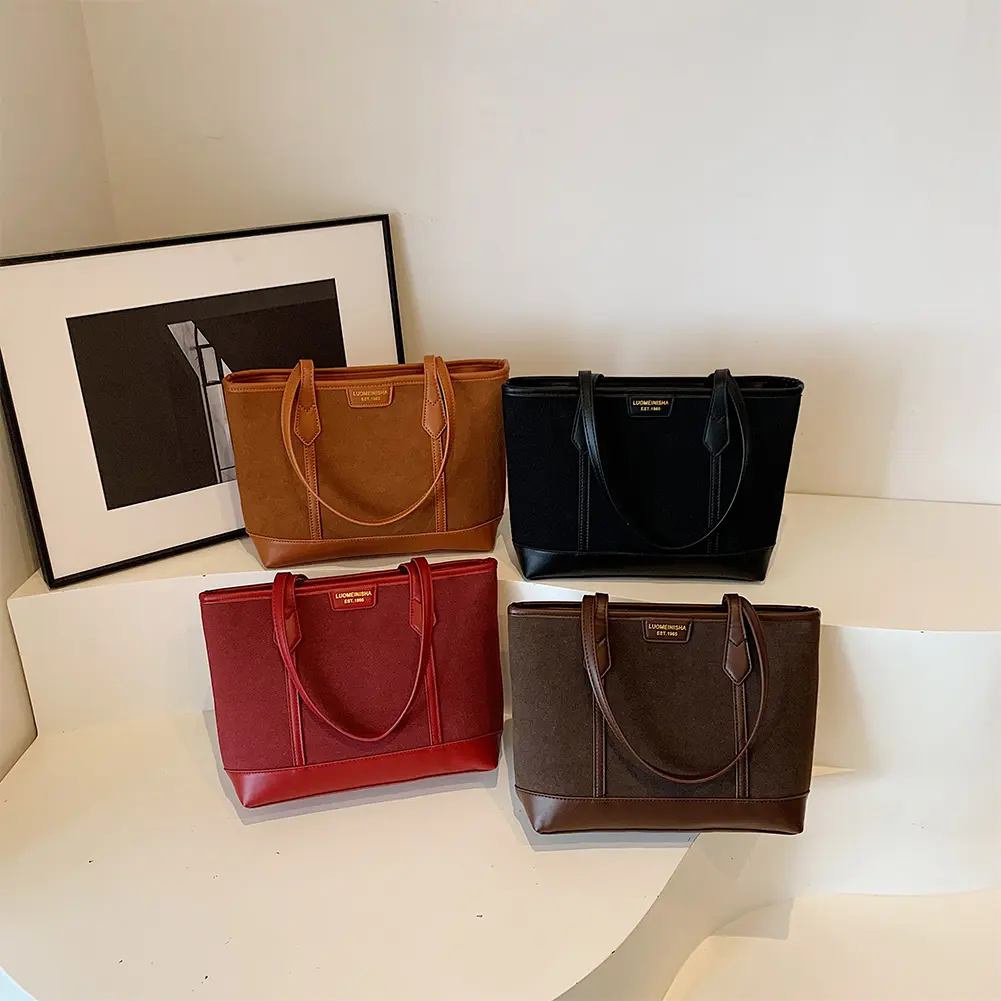 Women Suede Shoulder Bag with Zipper Underarm Bag Retro Solid Color Shopping Bag Commuter Bag