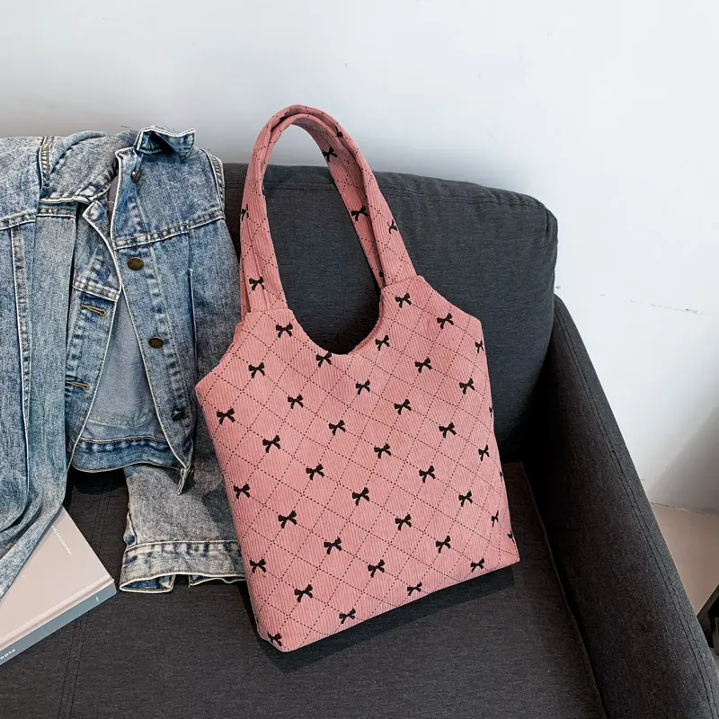 Corduroy Hobo Bag Large Capacity Bowknot Shopping Work Bag Aesthetic Shoulder Purse Casual for Women Work Shopping Travel