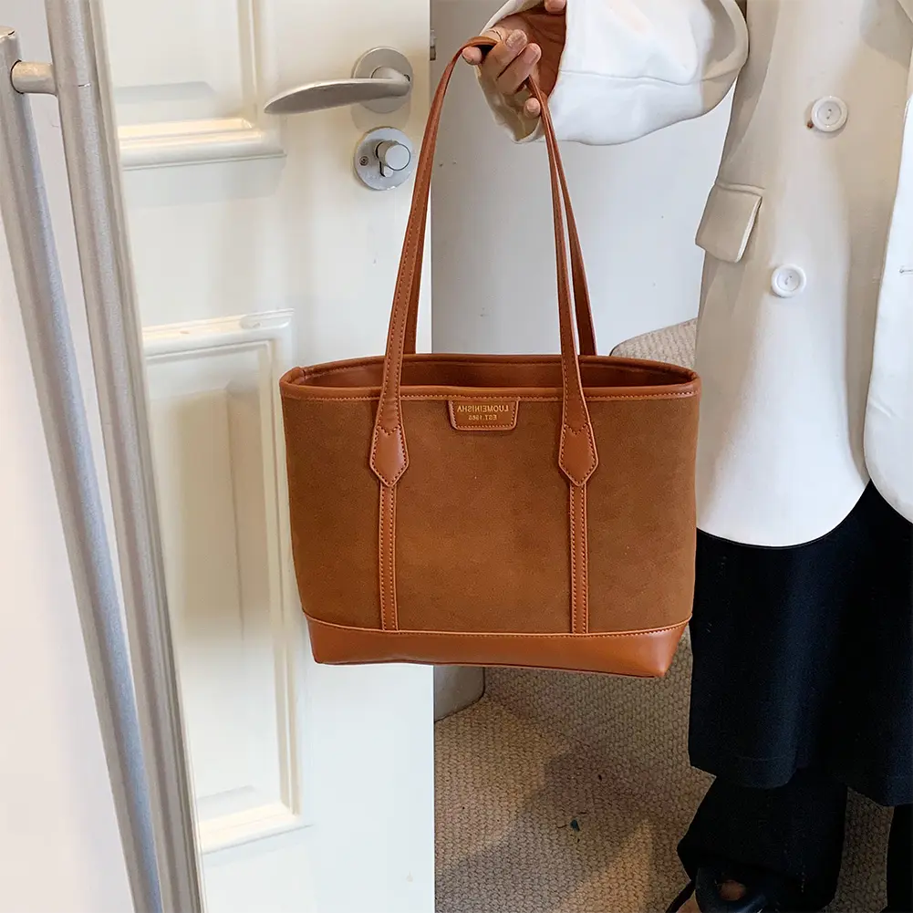 Women Suede Shoulder Bag with Zipper Underarm Bag Retro Solid Color Shopping Bag Commuter Bag