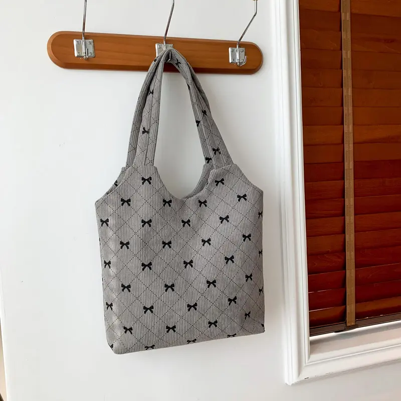 Corduroy Hobo Bag Large Capacity Bowknot Shopping Work Bag Aesthetic Shoulder Purse Casual for Women Work Shopping Travel