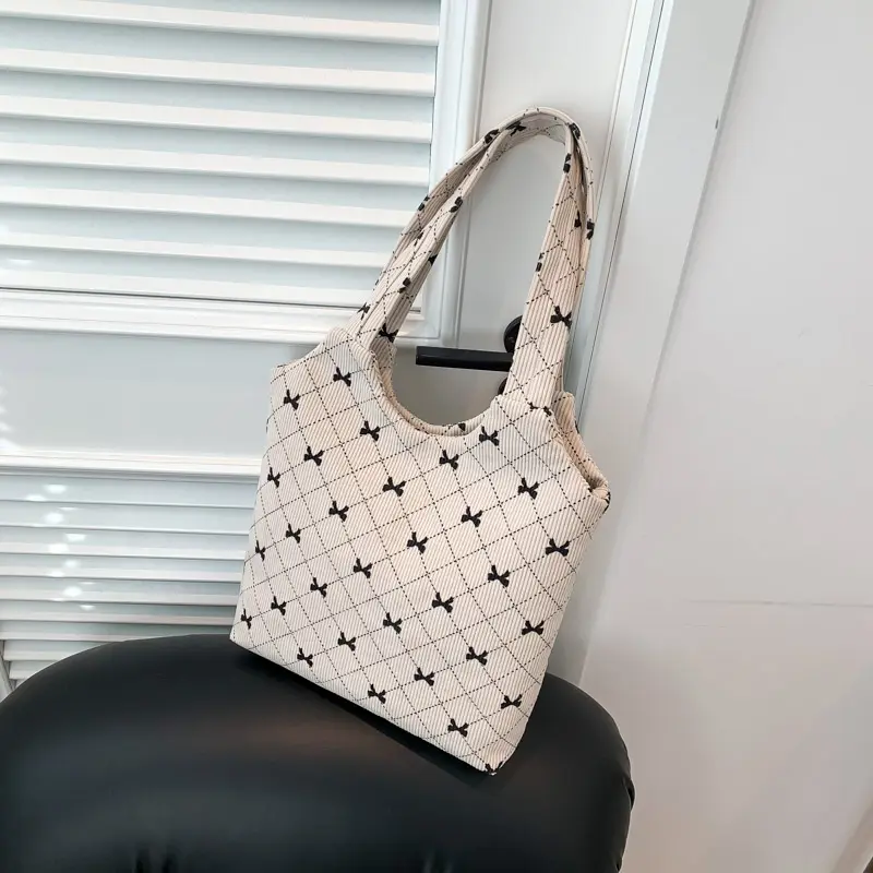 Corduroy Hobo Bag Large Capacity Bowknot Shopping Work Bag Aesthetic Shoulder Purse Casual for Women Work Shopping Travel