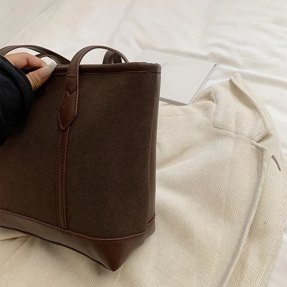 Women Suede Shoulder Bag with Zipper Underarm Bag Retro Solid Color Shopping Bag Commuter Bag