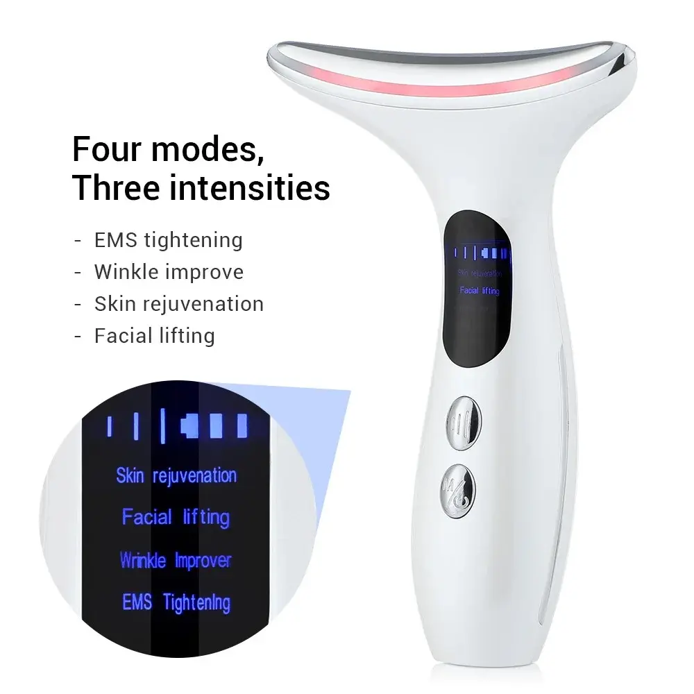 EMS LED Light Neck Face Massage 3 Colors Electric Vibration Hot Compress Skin Lift Tighten Smooth Firm Repair Skin Rejuvenation