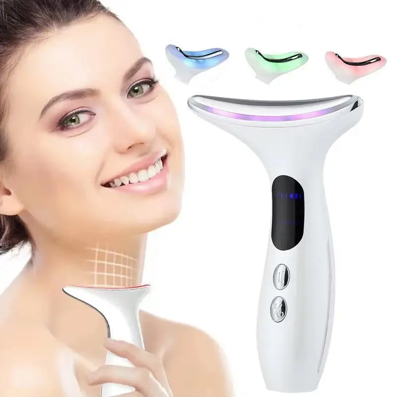 EMS LED Light Neck Face Massage 3 Colors Electric Vibration Hot Compress Skin Lift Tighten Smooth Firm Repair Skin Rejuvenation