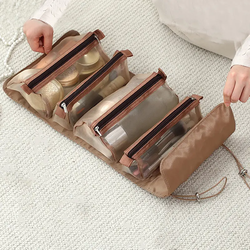 Women Fold Cosmetic Bag with Large Capacity Makeup Brush Storage Bag Waterproof Compartment Travel Makeup Brush Protective Cover