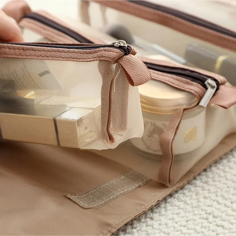 Women Fold Cosmetic Bag with Large Capacity Makeup Brush Storage Bag Waterproof Compartment Travel Makeup Brush Protective Cover